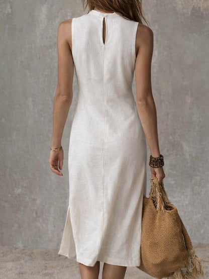 Luxurious Sleeveless Stand Collar Cotton Linen Texturized Breathability Midi Dress