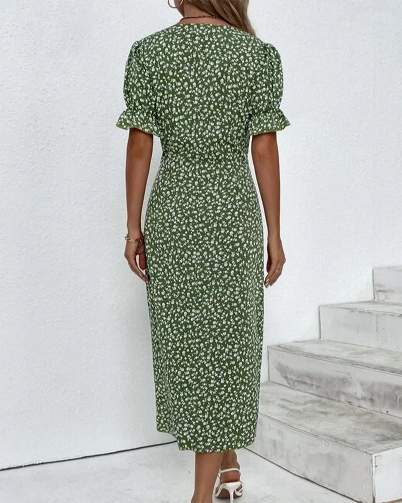 Women's V-Neck Dress with Floral Print and Flowy Design
