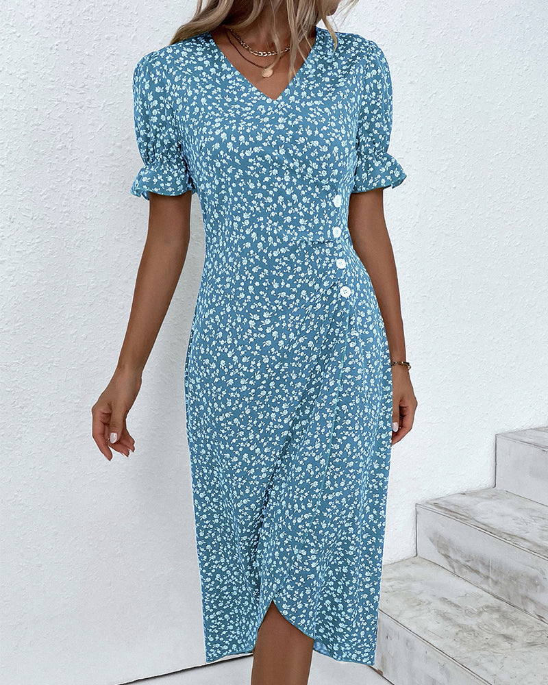 Women's V-Neck Dress with Floral Print and Flowy Design