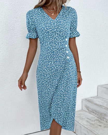 Women's V-Neck Dress with Floral Print and Flowy Design