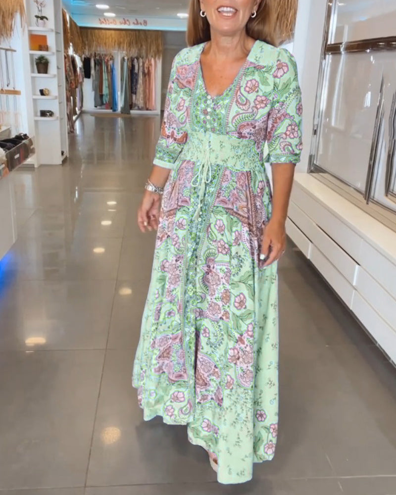 Women’s Boho Chic Paisley Maxi Dress – V-Neck Lightweight Cotton Blend Three-Quarter Sleeve Dress