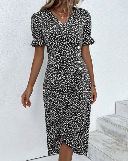 Women's V-Neck Dress with Floral Print and Flowy Design