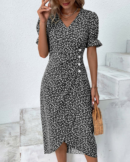 Women's V-Neck Dress with Floral Print and Flowy Design