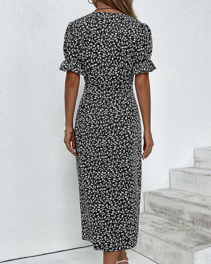 Women's V-Neck Dress with Floral Print and Flowy Design