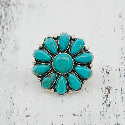 Women's Alloy Flower Ring with Turquoise Accent and Unique Design