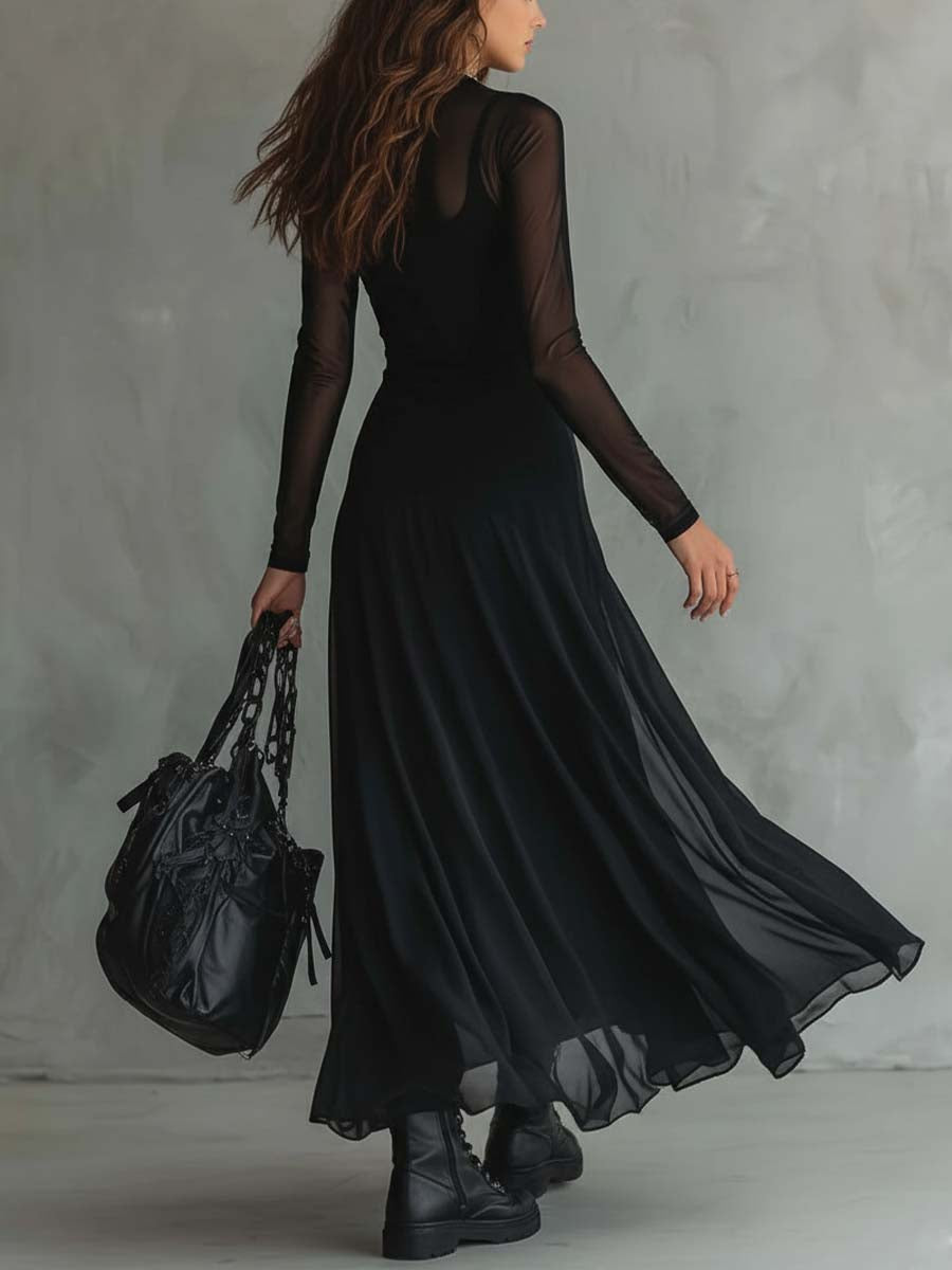 Enchanting Vintage Inspired Featherweight Fabric Delicate Sheer Sleeves Maxi Dress