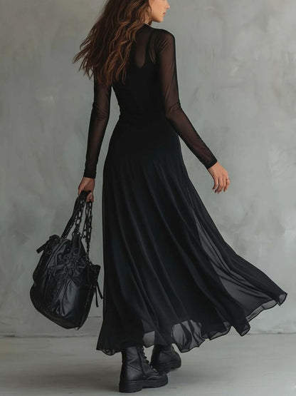 Enchanting Vintage Inspired Featherweight Fabric Delicate Sheer Sleeves Maxi Dress