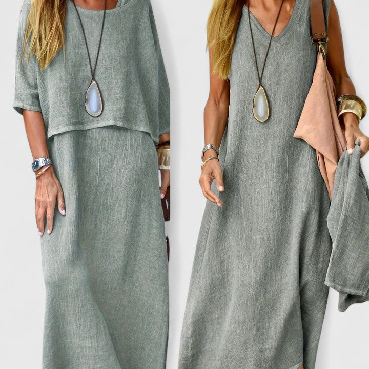 Women's Relaxed Linen Two-Piece Set: Layered Short-Sleeve Top and Sleeveless V-Neck Maxi Dress in Oatmeal Tone