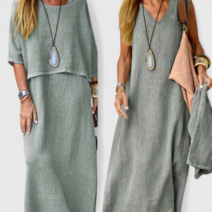 Women's Relaxed Linen Two-Piece Set: Layered Short-Sleeve Top and Sleeveless V-Neck Maxi Dress in Oatmeal Tone