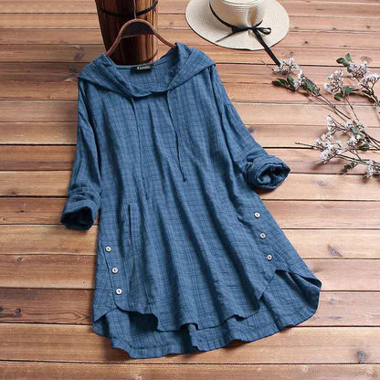 Women's Hoodie Dress with Plaid Pattern and Adjustable Hood