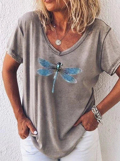 Women's Casual V-Neck Tee with Dragonfly Print and Short Sleeves