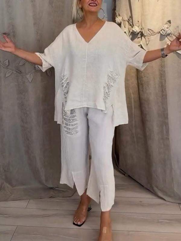 Valerie | Casual 2-Piece Set with V-Neck Top and Cropped Trousers