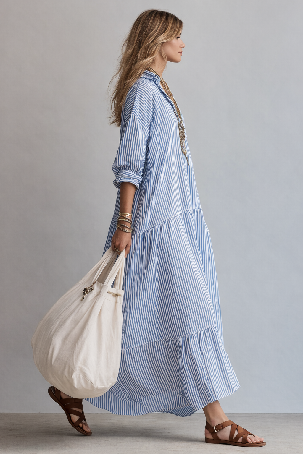Effortlessly Stylish Button Front Striped Maxi Oversized Silhouette Shirt Dress