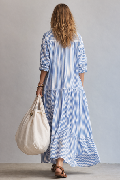 Effortlessly Stylish Button Front Striped Maxi Oversized Silhouette Shirt Dress