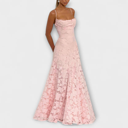 Luxurious Floral-Embroidered Lace-Trimmed Maxi With Delicate Spaghetti Straps Dress