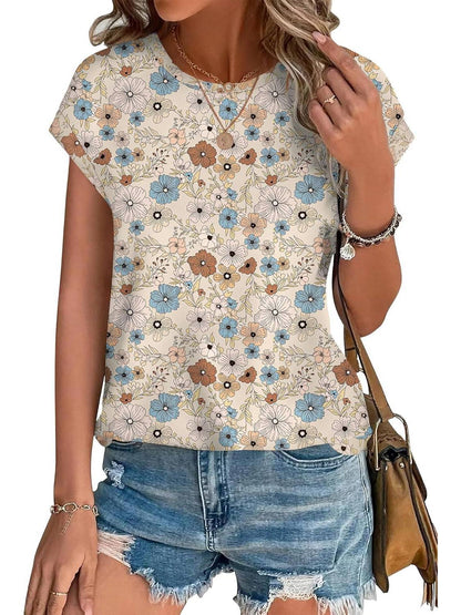 Women's Casual Top with Leaf Print and Crew Neck