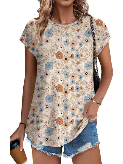 Women's Casual Top with Leaf Print and Crew Neck