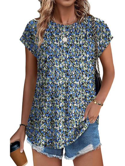 Women's Casual Top with Leaf Print and Crew Neck