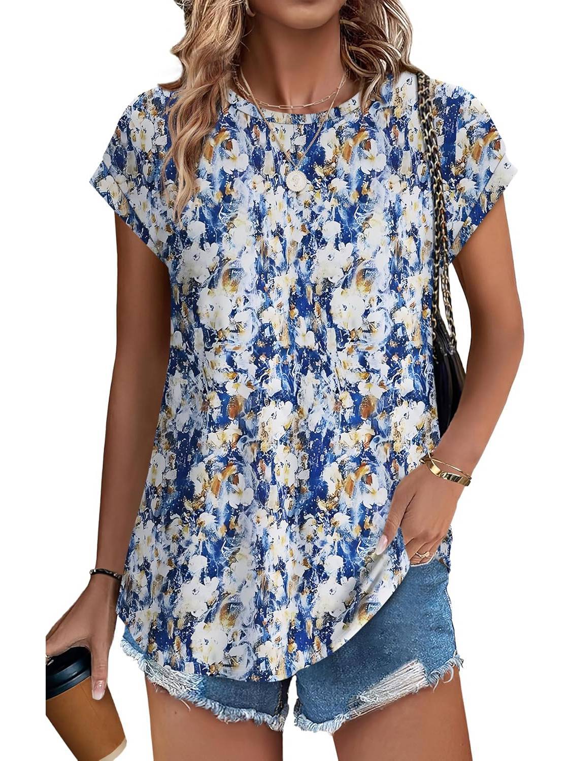 Women's Casual Top with Leaf Print and Crew Neck