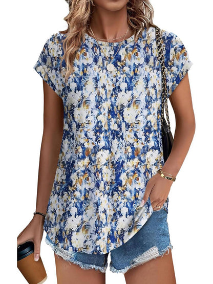 Women's Casual Top with Leaf Print and Crew Neck