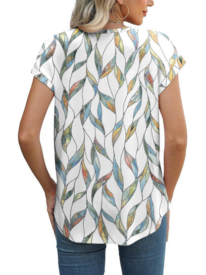 Women's Casual Top with Leaf Print and Crew Neck