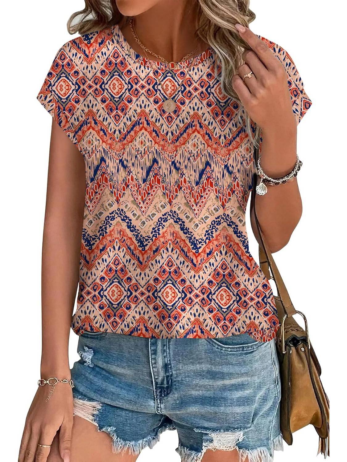 Women's Casual Top with Leaf Print and Crew Neck