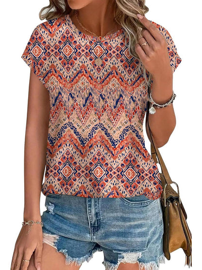 Women's Casual Top with Leaf Print and Crew Neck