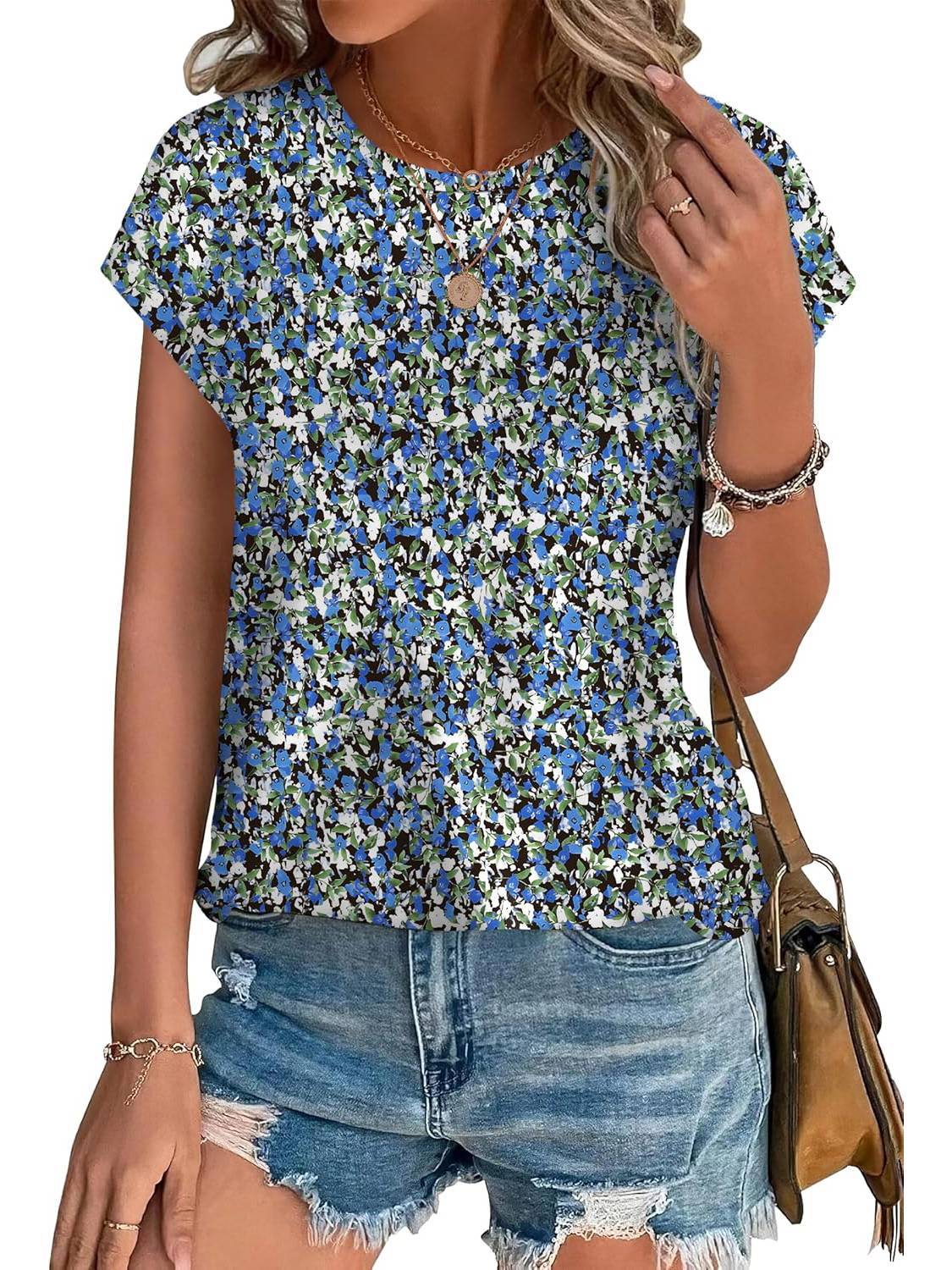 Women's Casual Top with Leaf Print and Crew Neck