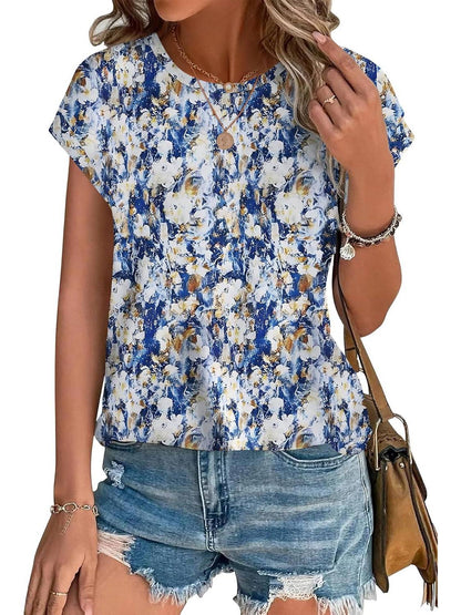 Women's Casual Top with Leaf Print and Crew Neck