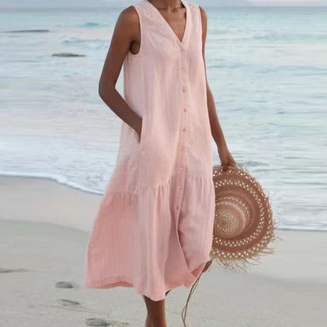 Women's Buttoned Midi Dress with Sleeveless Design and Versatile Style