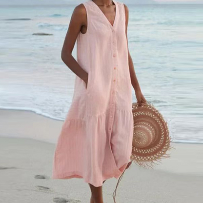 Women’s Crepe Midi Dress – Timeless Elegant Sleeveless Button Front Slimming Silhouette Dress