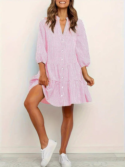 Women's Gingham Print Mini Dress with Button-Down Front and 3/4 Sleeves