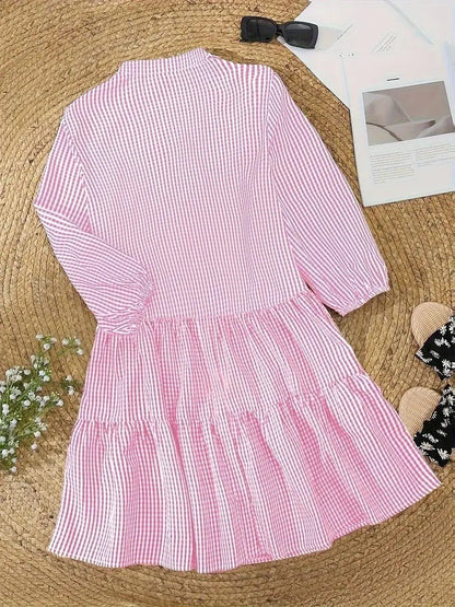 Women's Gingham Print Mini Dress with Button-Down Front and 3/4 Sleeves