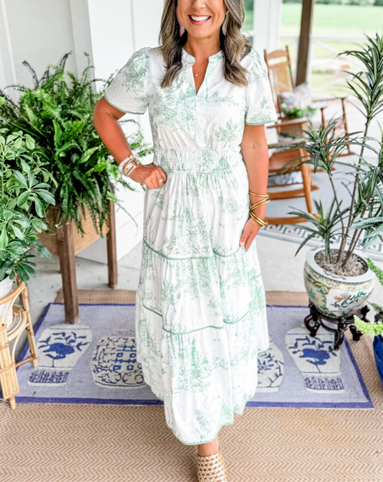 Romantic Driven Smocked Waist Evergreen Toile Print Tiered Floral Silhouette Maxi Dress