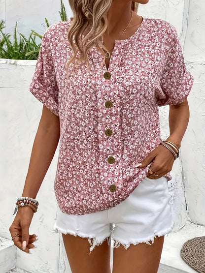 Women's Floral Print Blouse with Short Sleeves and Lightweight Fabric