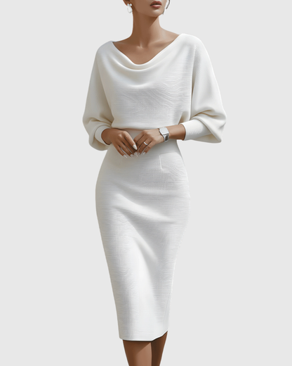 Women's Midi Dress with Cowl Neck and Batwing Sleeves