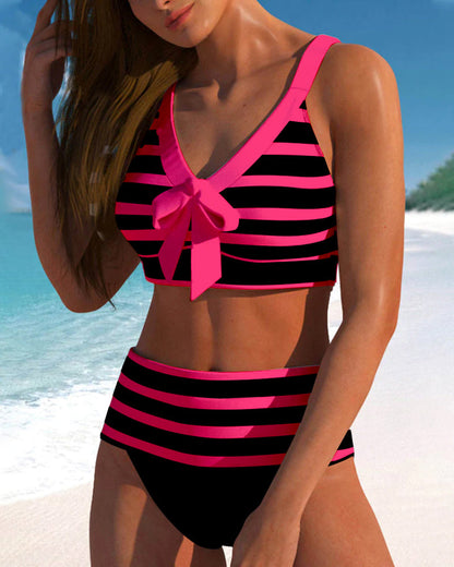 Women's Striped Bikini Set with High Waist and Adjustable Straps