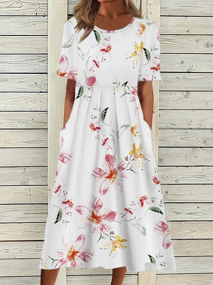 Incomparable Flowing Asymmetrical Floral Print Elevates Timeless Relaxed Midi Dress