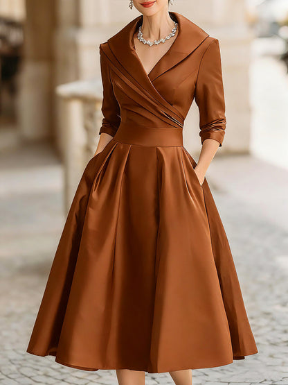 Vintage Inspired Draped Shawl Collar Black Satin Elegantly Fitted Bodice Midi Dress