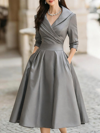 Vintage Inspired Draped Shawl Collar Black Satin Elegantly Fitted Bodice Midi Dress