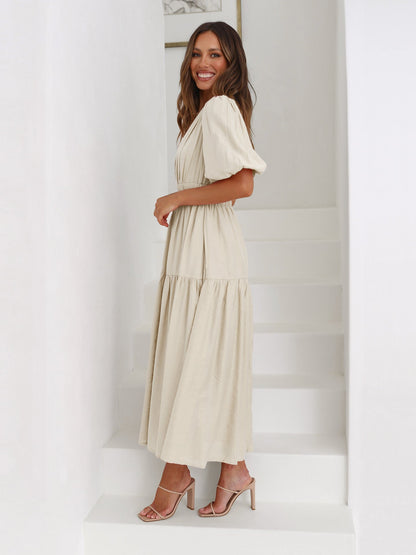 Women's V-Neck Midi Dress with Puff Sleeves and Smocked Waist