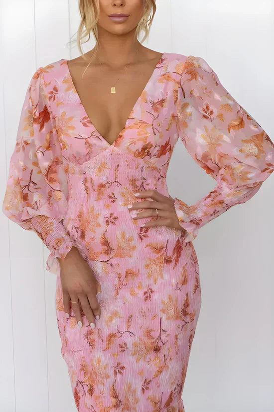 Luxuriously Exquisitely Flowing Floral Patterned Silk Evening Wedding Guest Dress