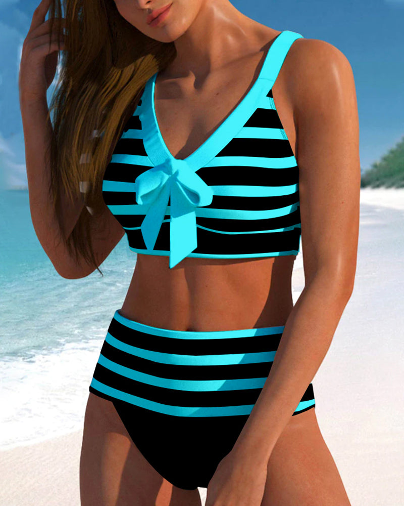 Women's Striped Bikini Set with High Waist and Adjustable Straps