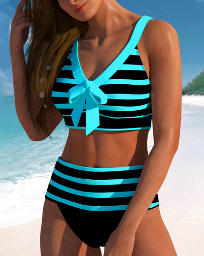 Women's Striped Bikini Set with High Waist and Adjustable Straps