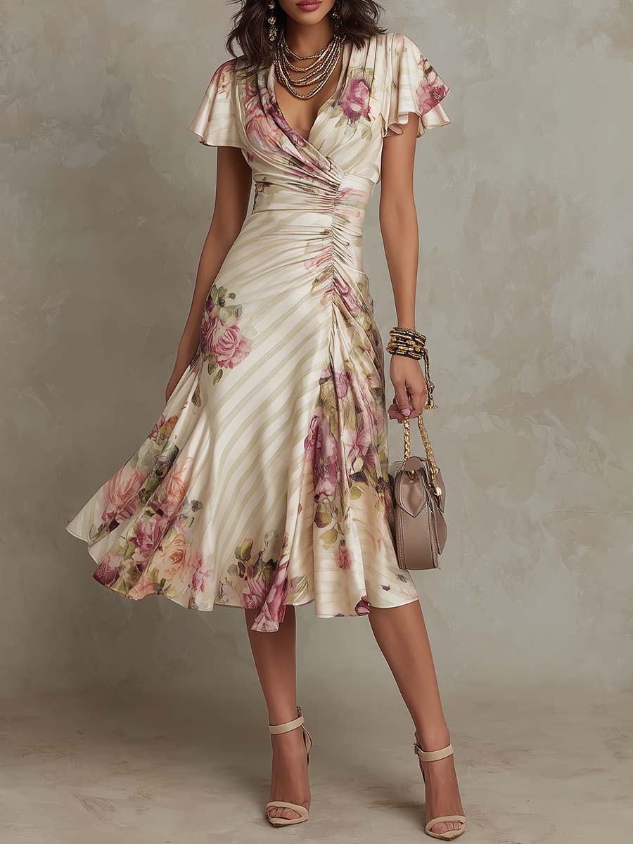 Romantic Vintage Floral Chiffon With Ivory Blush Print Midi Dress