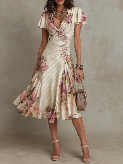 Romantic Vintage Floral Chiffon With Ivory Blush Print Midi Dress