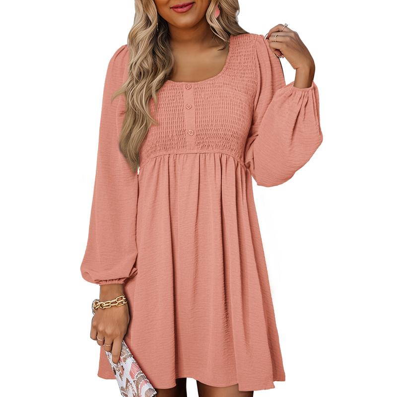 Autumn Smocked Empire Waist Long Sleeve Flowing Skirt Dress