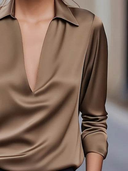 Women's V-Neck Blouse with Satin Finish and Elegant Design