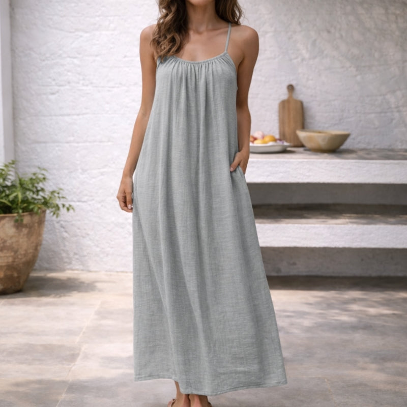 Effortlessly Spaghetti Strap Linen Gathered Neckline Pockets Breathable Maxi Dress
