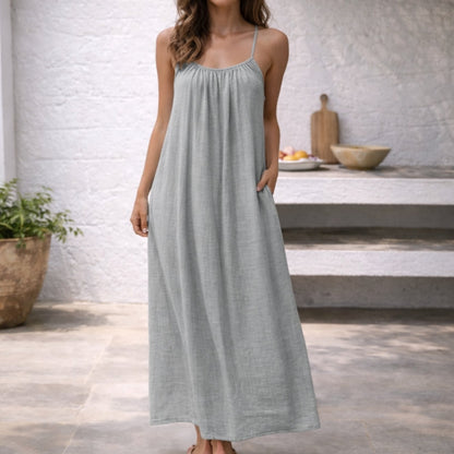 Effortlessly Spaghetti Strap Linen Gathered Neckline Pockets Breathable Maxi Dress